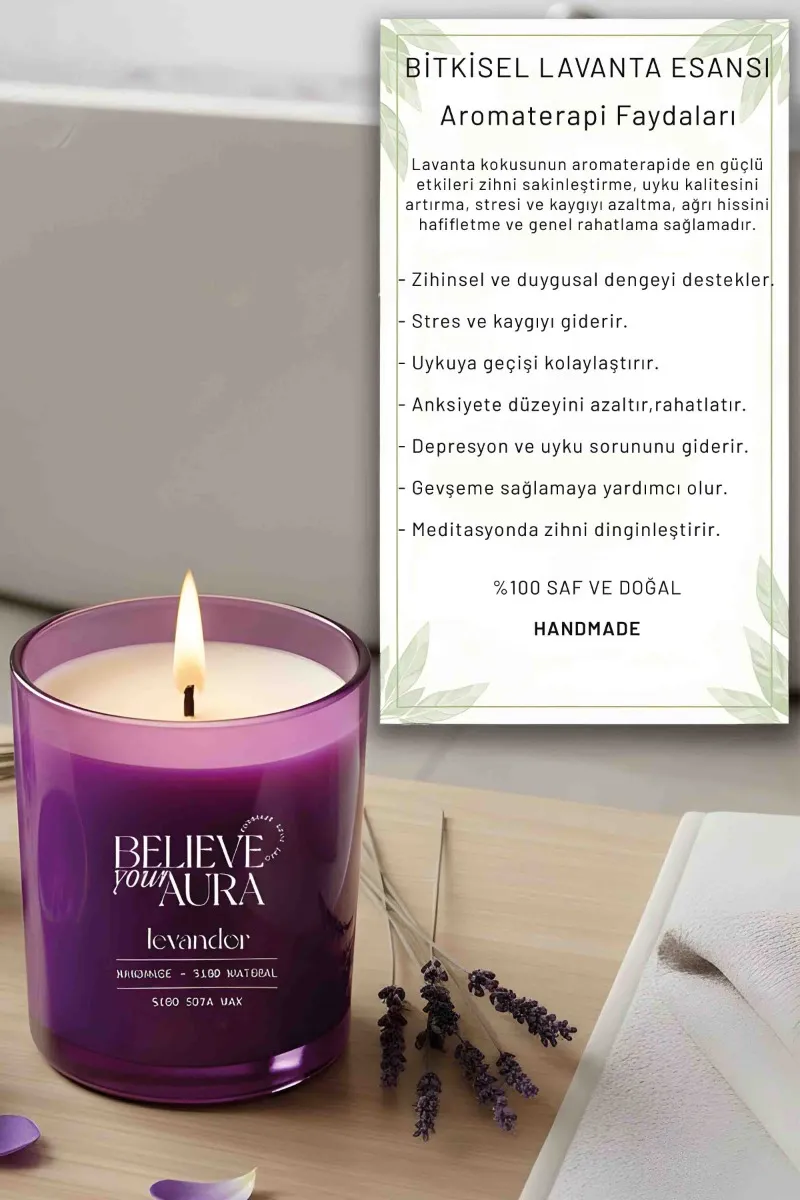 Believe Your Aura Lavanta Kokulu Bardak Mum - %100 Doğal Soya Mumu Mor Bardak Mum MBSBRD07010-LVN