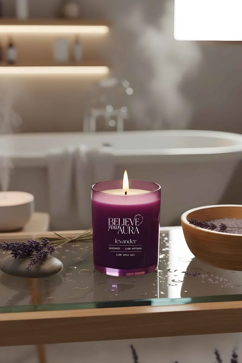 Believe Your Aura Lavanta Kokulu Bardak Mum - %100 Doğal Soya Mumu Mor Bardak Mum MBSBRD07010-LVN