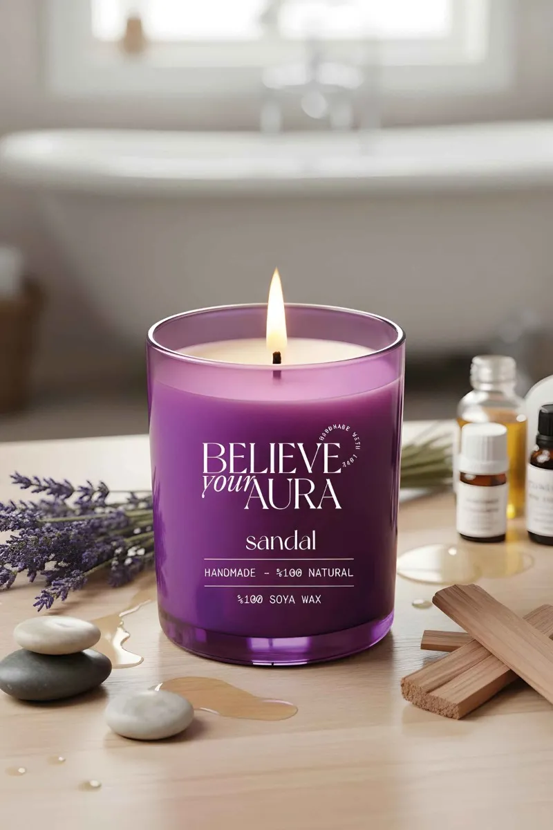 Believe Your Aura Sandal Ağacı Kokulu Mum - %100 Doğal Soya Mumu Mor Bardak Aromaterapi Mum MBSBRD07010-SND