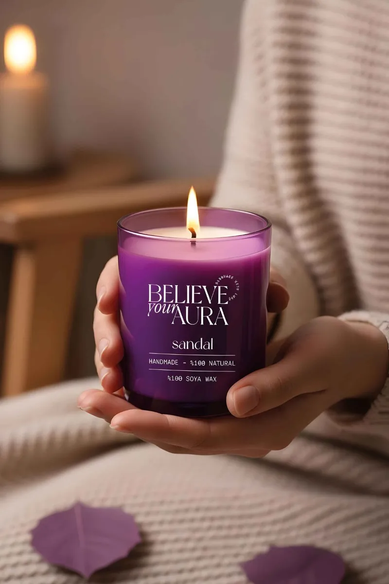 Believe Your Aura Sandal Ağacı Kokulu Mum - %100 Doğal Soya Mumu Mor Bardak Aromaterapi Mum MBSBRD07010-SND