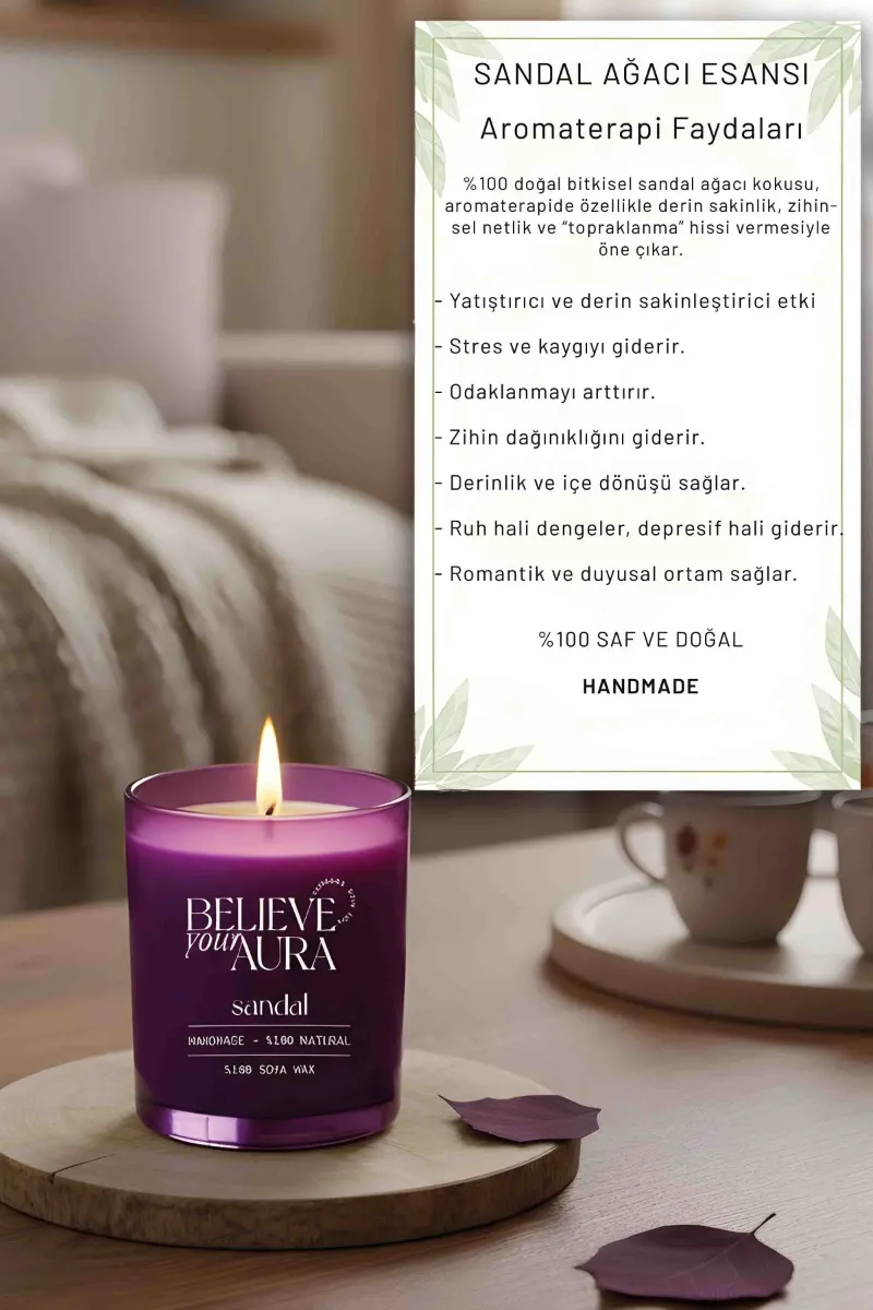 Believe Your Aura Sandal Ağacı Kokulu Mum - %100 Doğal Soya Mumu Mor Bardak Aromaterapi Mum MBSBRD07010-SND