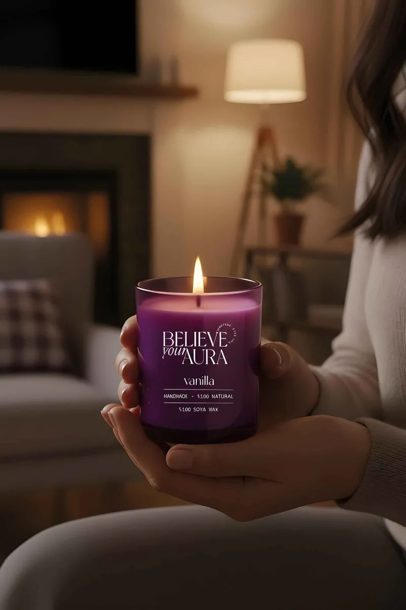 Believe Your Aura Vanilya Kokulu Bardak Mum - %100 Doğal Soya Mumu Mor Bardak Mum MBSBRD07010-VNL