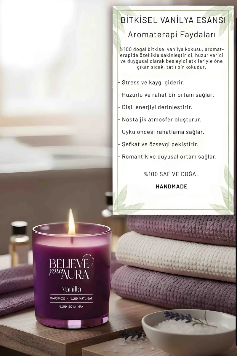 Believe Your Aura Vanilya Kokulu Bardak Mum - %100 Doğal Soya Mumu Mor Bardak Mum MBSBRD07010-VNL