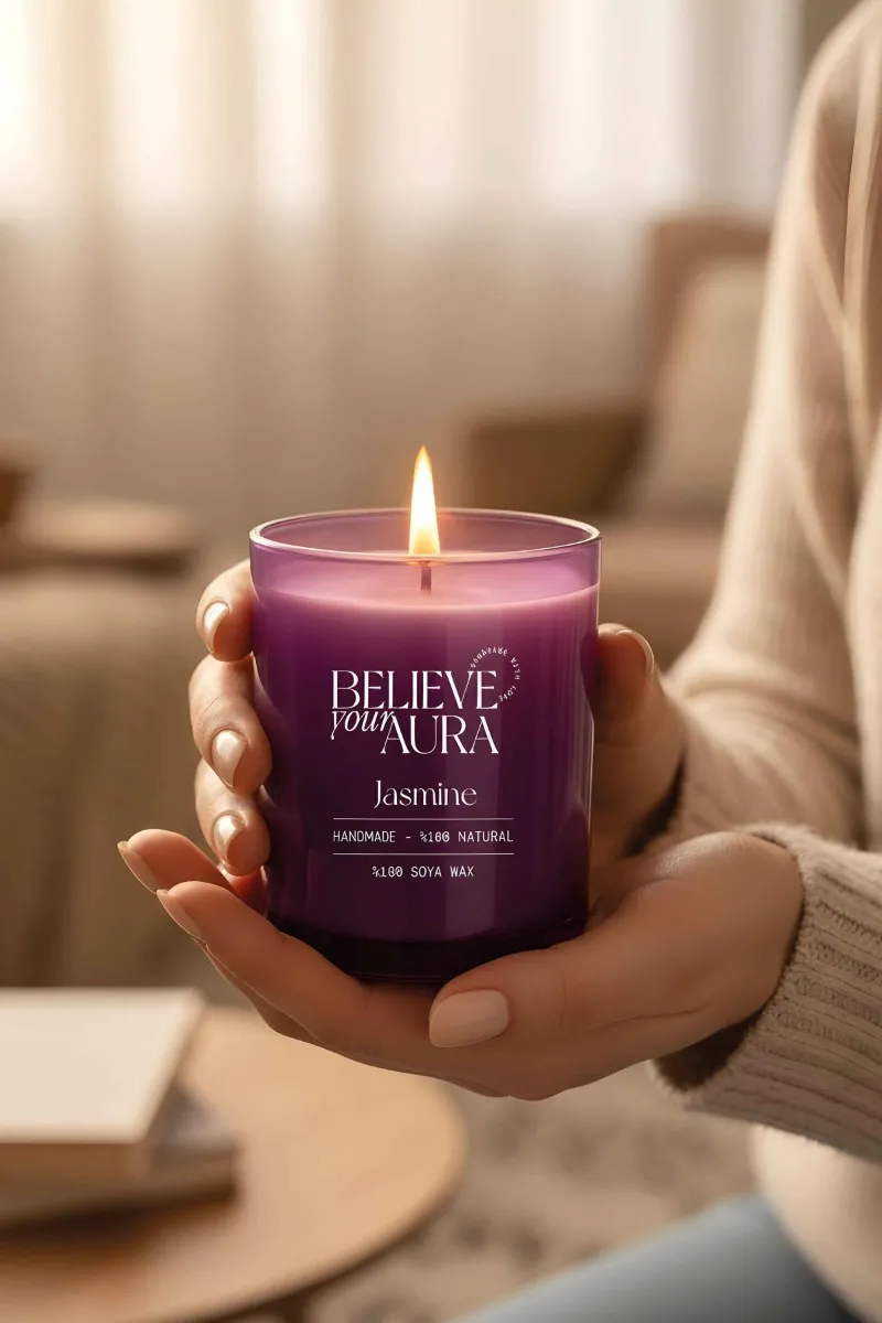 Believe Your Aura Yasemin Kokulu Bardak Mum - %100 Doğal Soya Mumu Mor Aromaterapi Bardak Mum  BSBRD07010-YSM