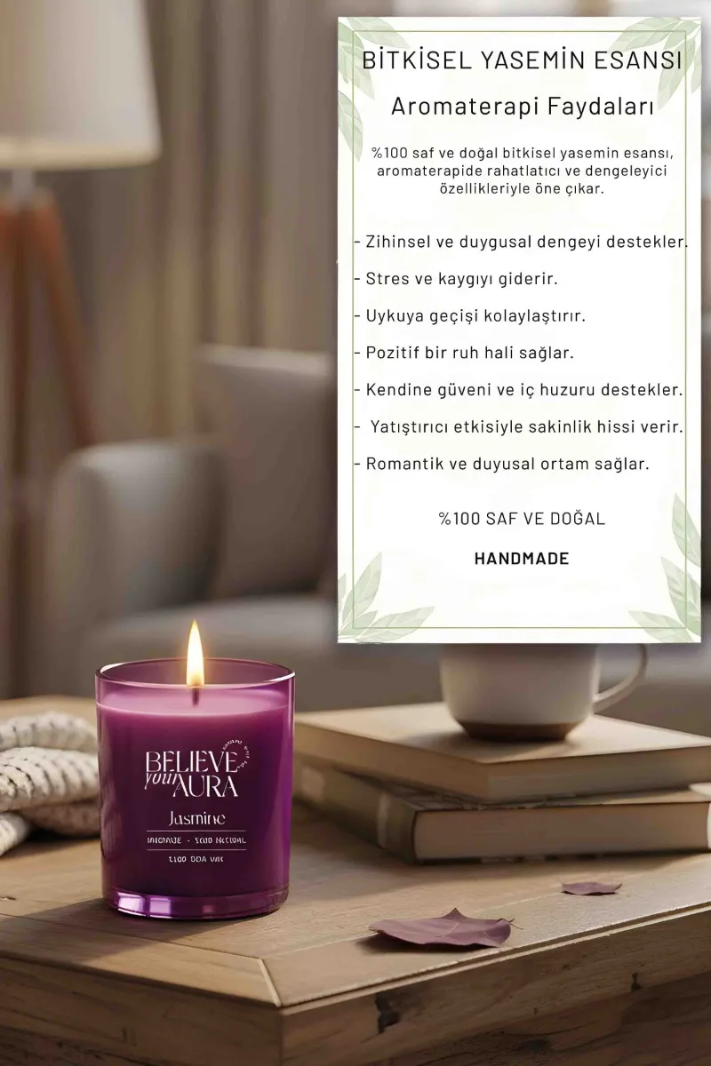 Believe Your Aura Yasemin Kokulu Bardak Mum - %100 Doğal Soya Mumu Mor Aromaterapi Bardak Mum MBSBRD07010-YSM