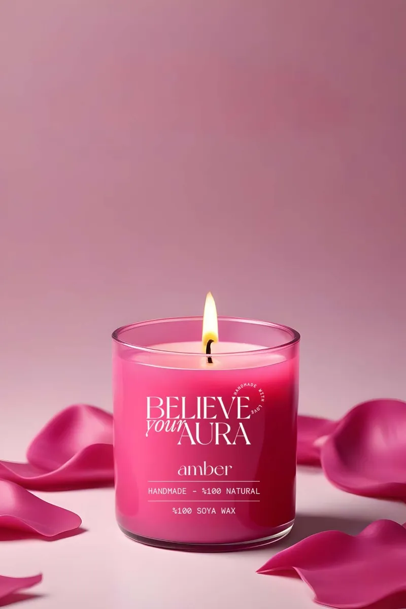 Believe Your Aura Amber Kokulu Mum - %100 Doğal Soya Mumu Fuşya Bardak Mum - MBSBRD07110-AMB