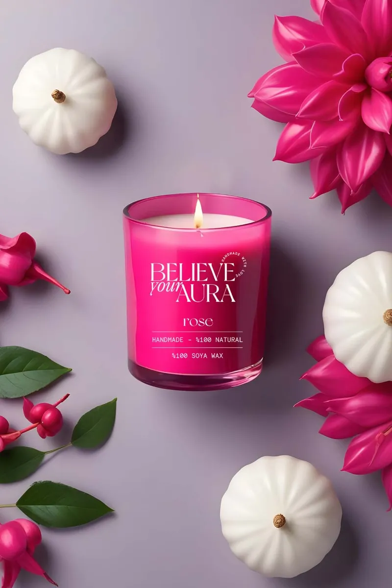 Believe Your Aura Gül Kokulu Mum - %100 Doğal Soya Mumu Fuşya Bardak Mum - MBSBRD07110-GUL