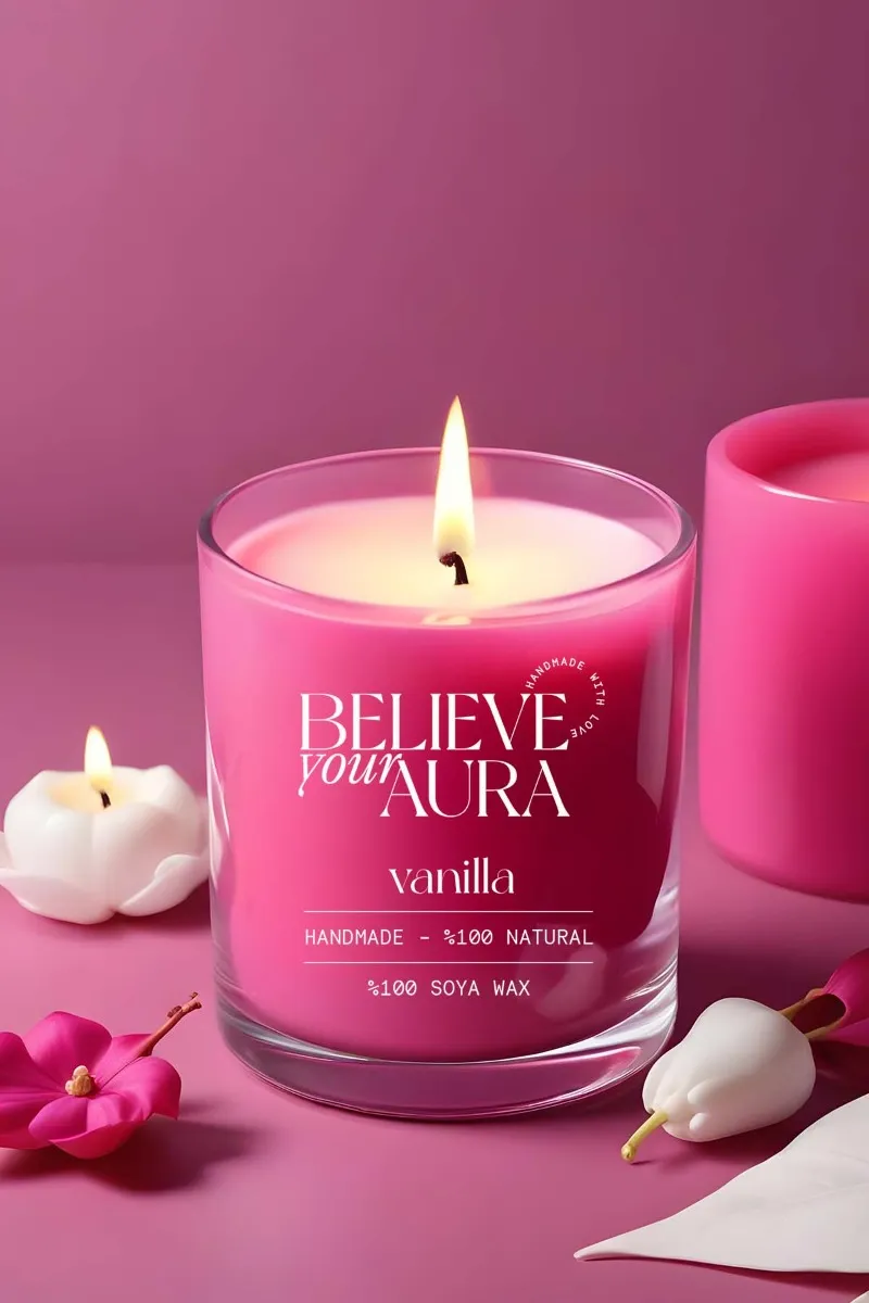 Believe Your Aura Vanilya Kokulu Mum -  %100 Doğal Soya Mumu Fuşya Bardak Mum - MBSBRD07110-VNL