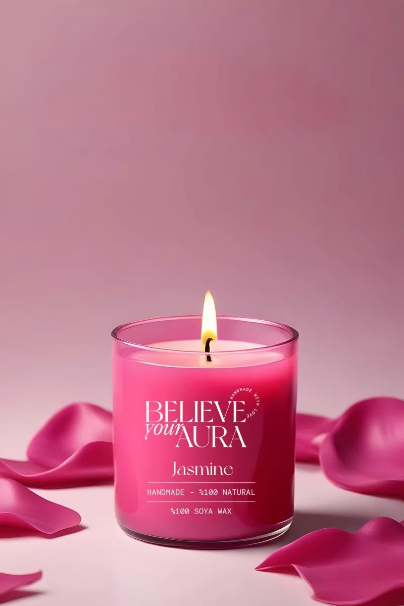 Believe Your Aura Yasemin Kokulu Mum -  %100 Doğal Soya Mumu Fuşya Bardak Mum - MBSBRD07110-YSM