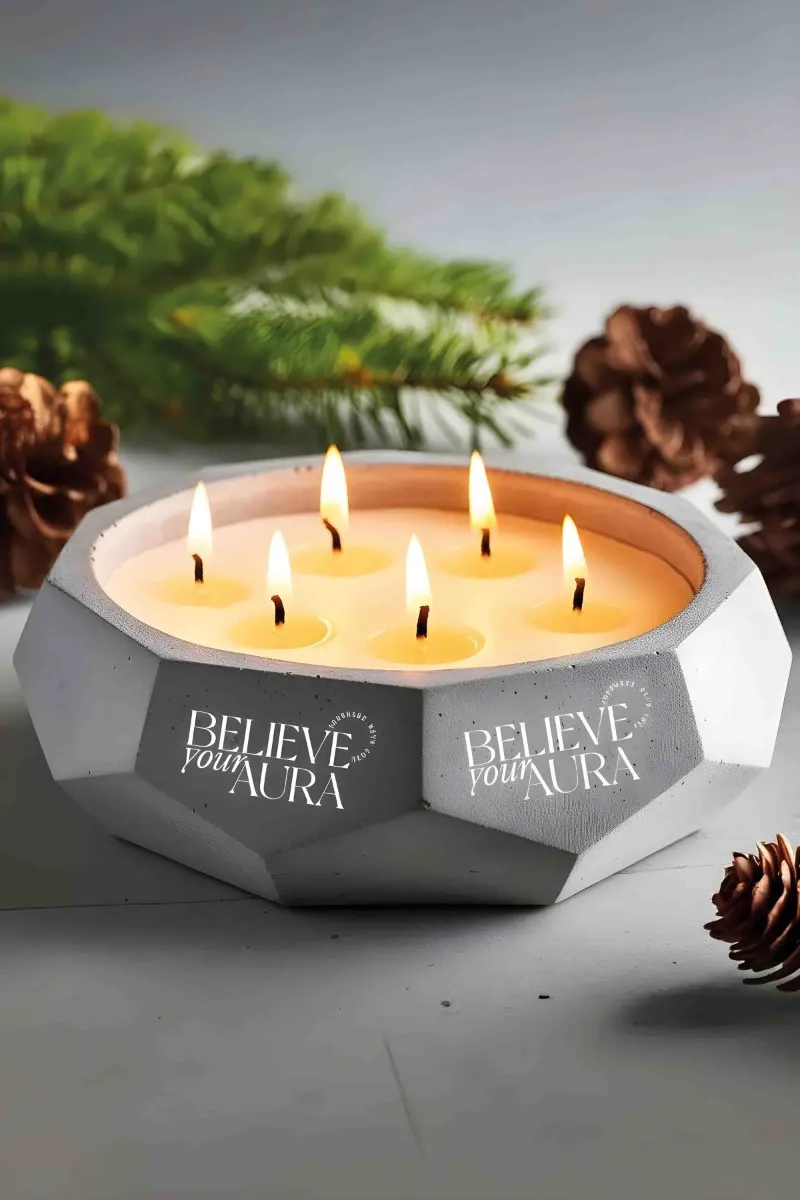 Believe Your Aura Sandal Ağacı Kokulu Mum - %100 Soya Mumu El Yapımı Beyaz Beton Aromaterapi Kokulu Mum MBSBTN200510-10-SND