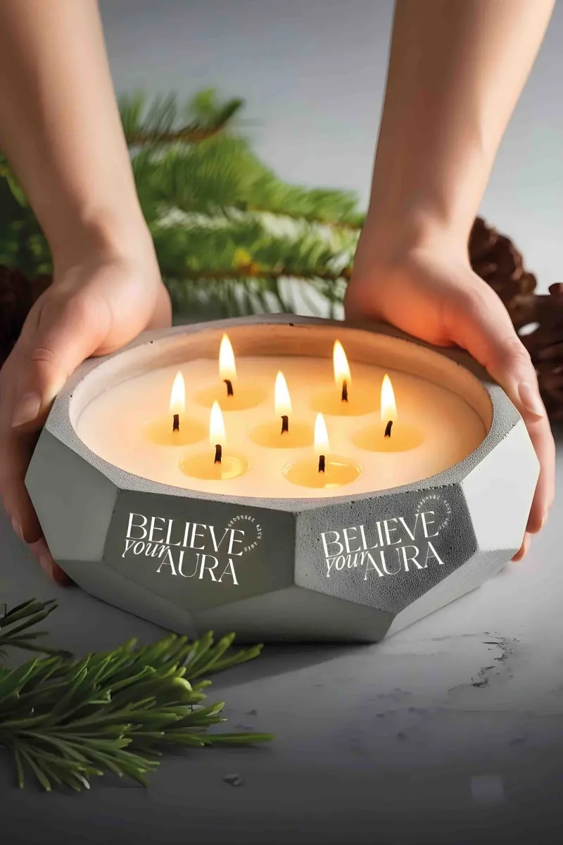 Believe Your Aura Sandal Ağacı Kokulu Mum - %100 Soya Mumu El Yapımı Beyaz Beton Aromaterapi Kokulu Mum MBSBTN200510-10-SND