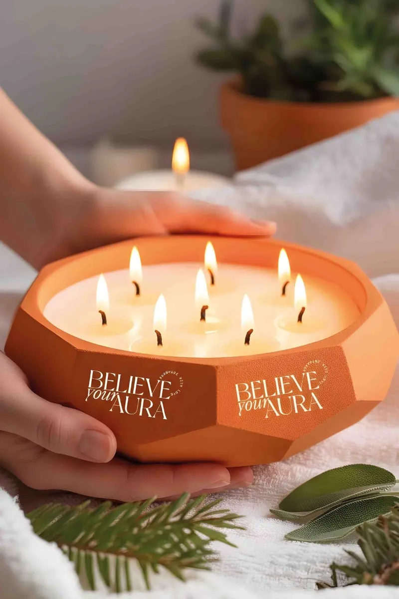 Believe Your Aura Sandal Ağacı Kokulu Mum - %100 Soya Mumu El Yapımı Turuncu Beton Aromaterapi Kokulu Mum MBSBTN200510-16-SND