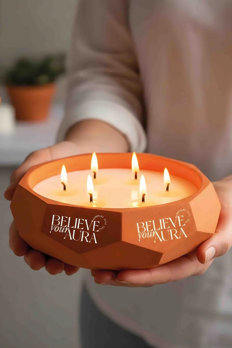Believe Your Aura Sandal Ağacı Kokulu Mum - %100 Soya Mumu El Yapımı Turuncu Beton Aromaterapi Kokulu Mum MBSBTN200510-16-SND