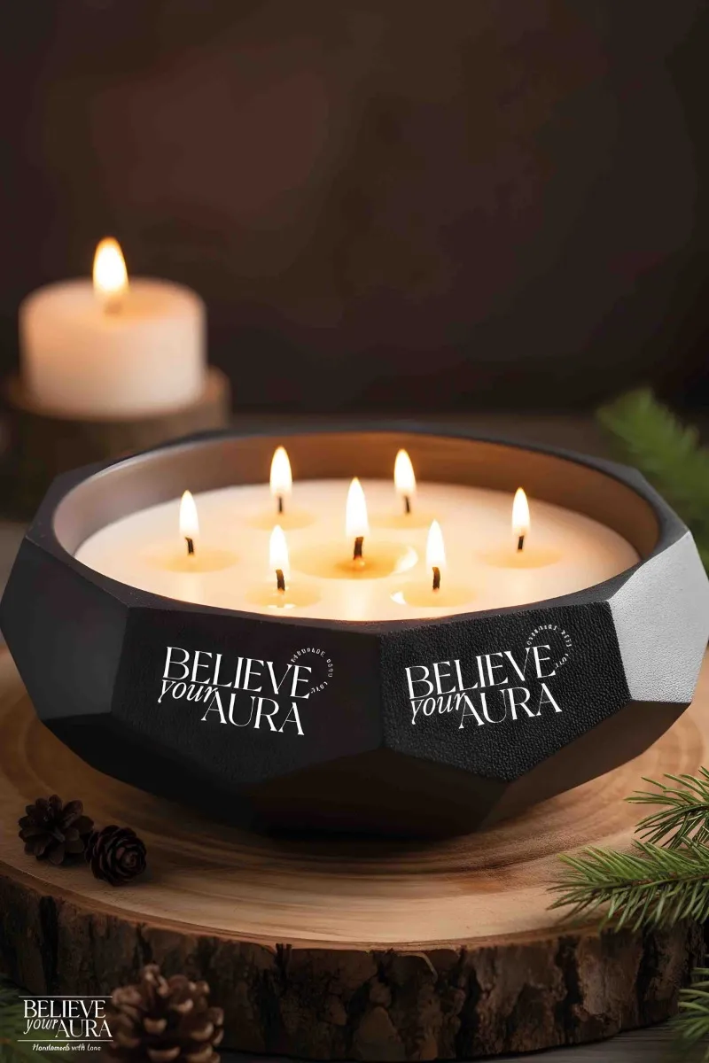 Believe Your Aura Sandal Ağacı Kokulu %100 Soya Mumu Handmade Siyah Beton Kase Aromaterapi Mum MBSBTN200510-20-SND