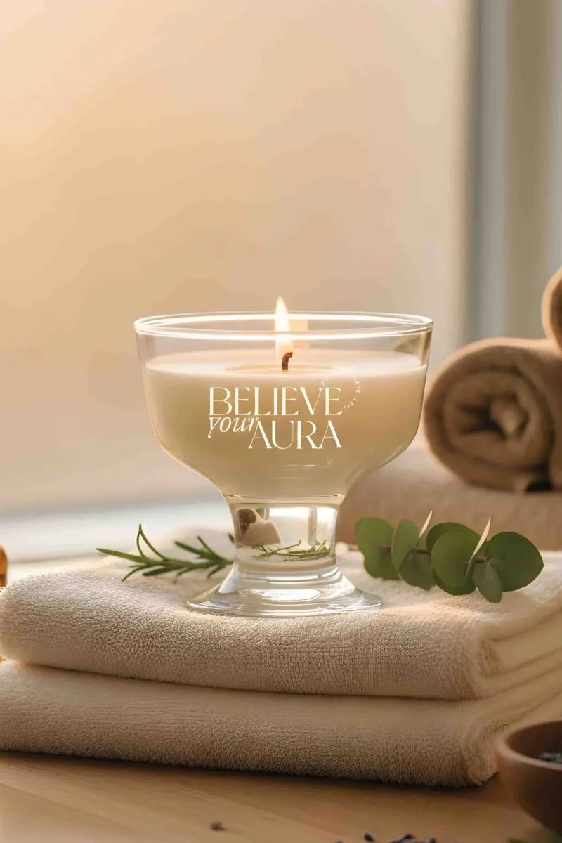 Believe Your Aura Lavanta Kokulu Kase Mum - %100 Doğal Soya Mumu Aromaterapi vs Dekoratif Kase Mum MBSKAS01710-LVN