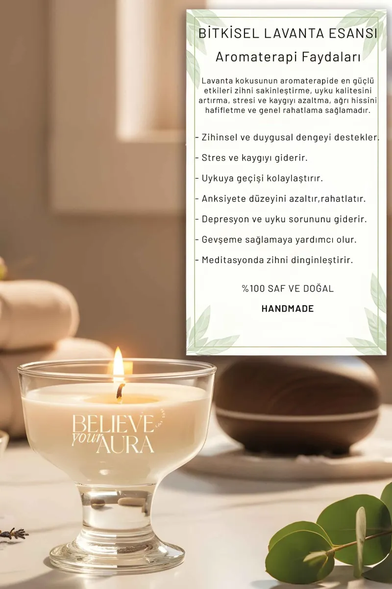 Believe Your Aura Lavanta Kokulu Kase Mum - %100 Doğal Soya Mumu Aromaterapi vs Dekoratif Kase Mum MBSKAS01710-LVN