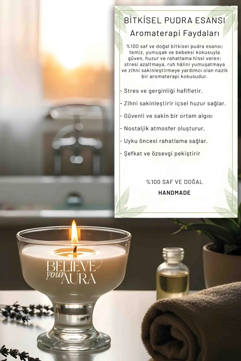 Believe Your Aura Pudra Kokulu Kase Mum - %100 Doğal Soya Mumu Aromaterapi vs Dekoratif Kase Mum MBSKAS01710-PDR