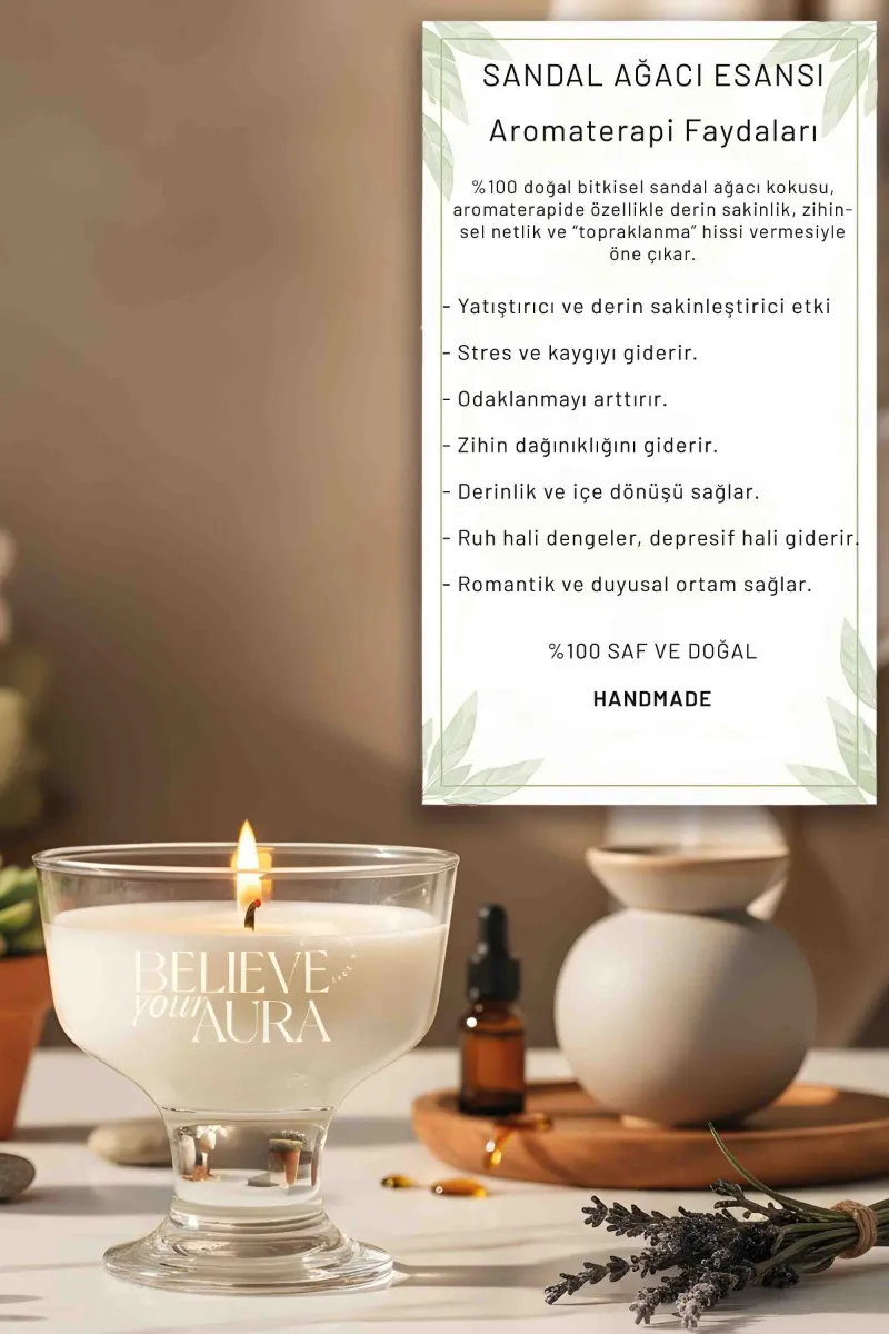 Believe Your Aura Sandal Ağacı Kokulu Mum - %100 Doğal Soya Mumu Aromaterapi ve Dekoratif Kokulu Mum MBSKAS01710-SND