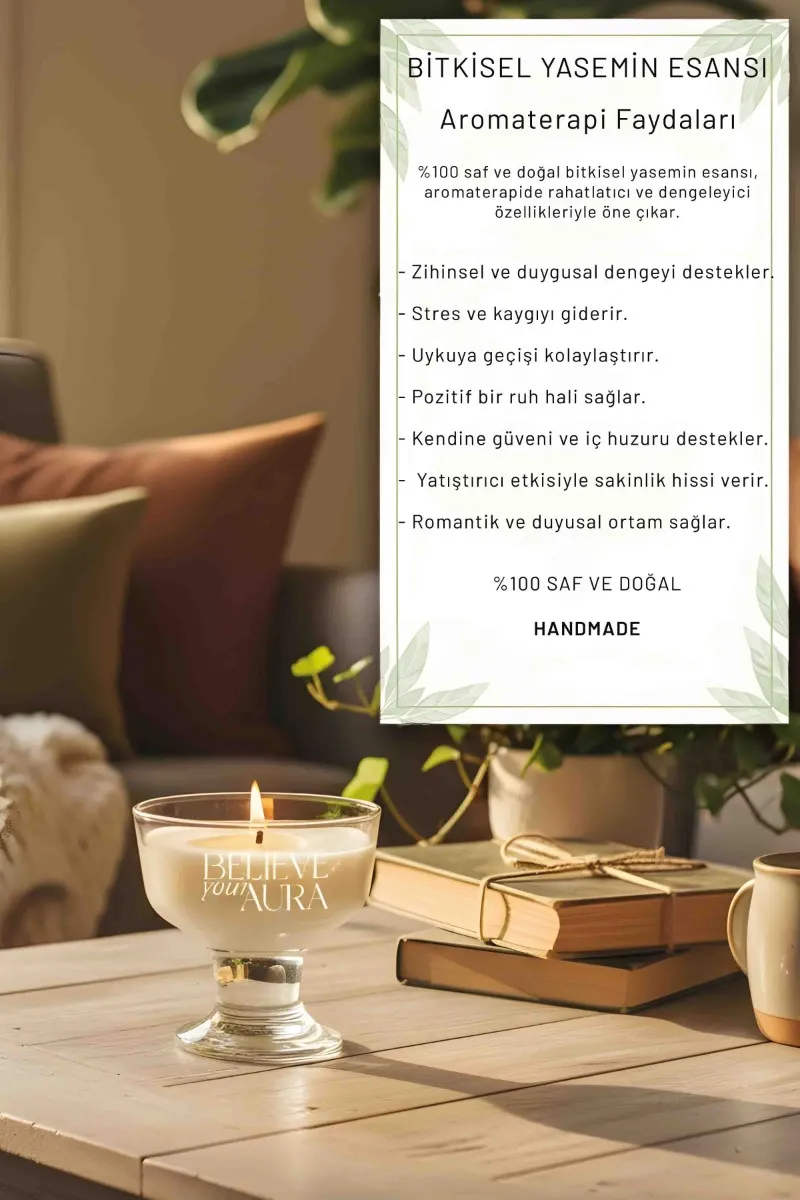Believe Your Aura Yasemin Kokulu Kase Mum - %100 Doğal Soya Mumu Aromaterapi ve Dekoratif Kokulu Mum MBSKAS01710-YSM