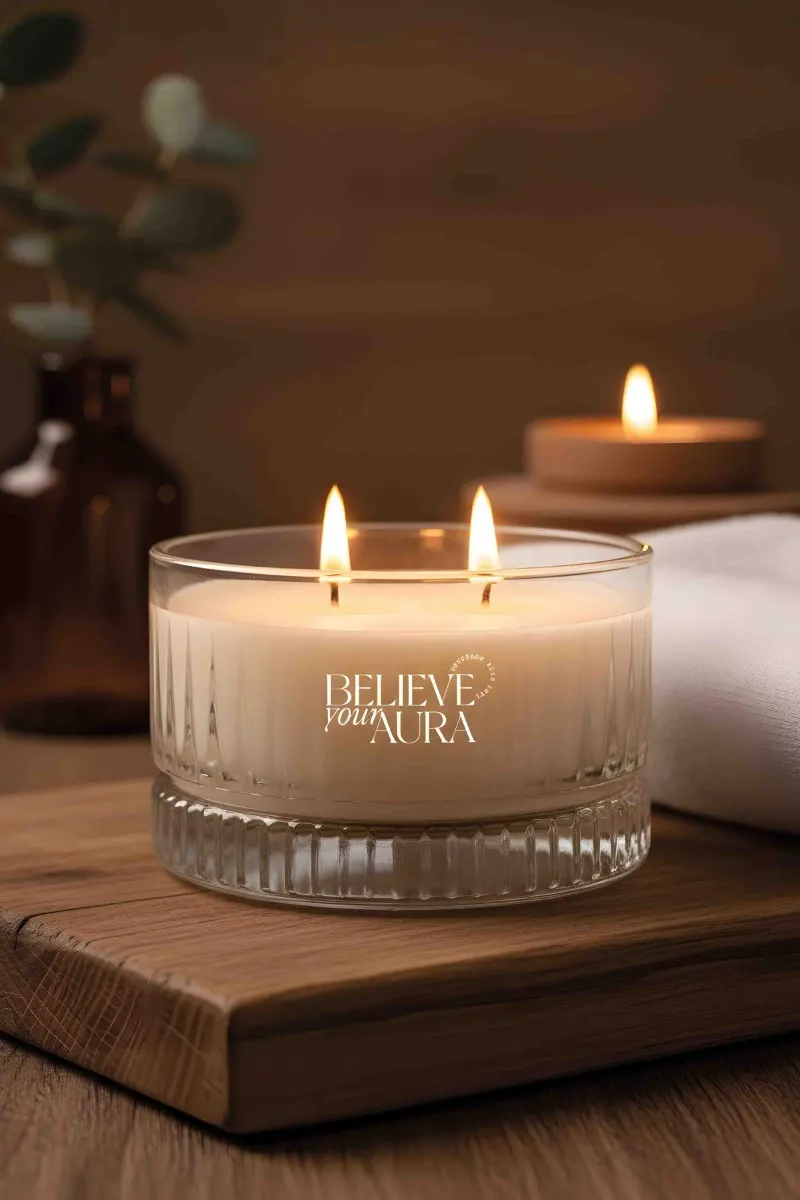 Believe Your Aura Pudra Kokulu Kase Mum - %100 Doğal Soya Mumu Kristal Kase Aromaterapi Mum MBSKAS03810-PDR