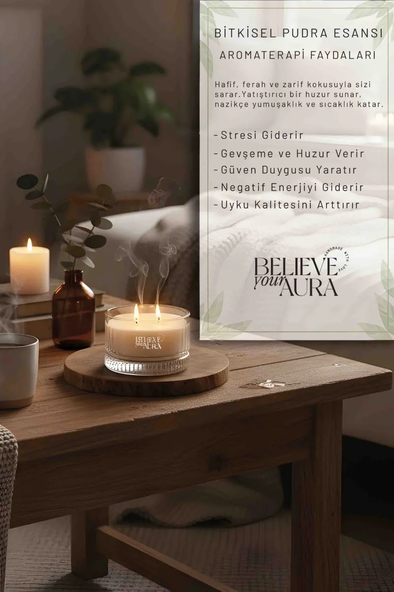 Believe Your Aura Pudra Kokulu Kase Mum - %100 Doğal Soya Mumu Kristal Kase Aromaterapi Mum MBSKAS03810-PDR