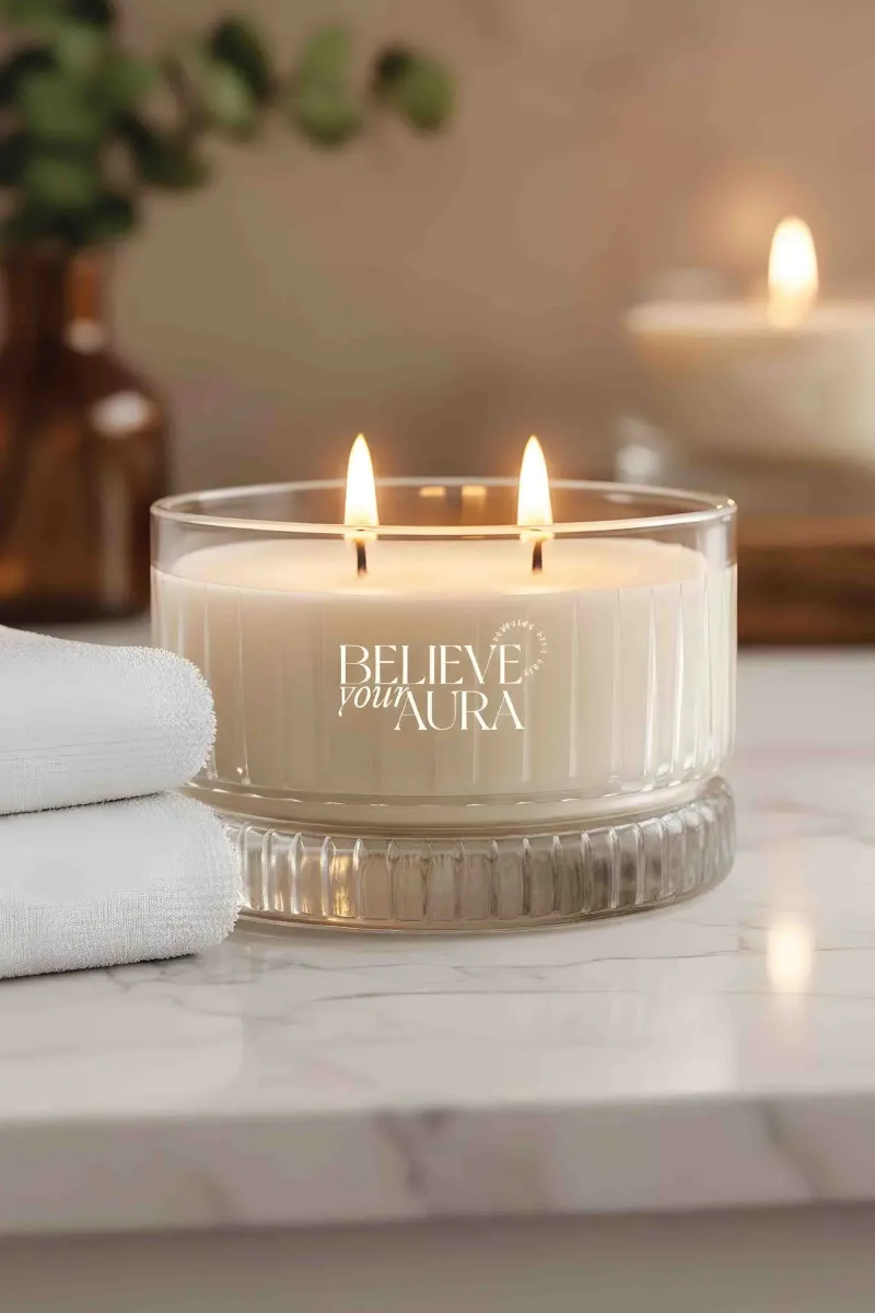 Believe Your Aura Sandal Ağacı Kokulu Mum - %100 Doğal Soya Mumu Kristal Kase Aromaterapi Mum MBSKAS03810-SND