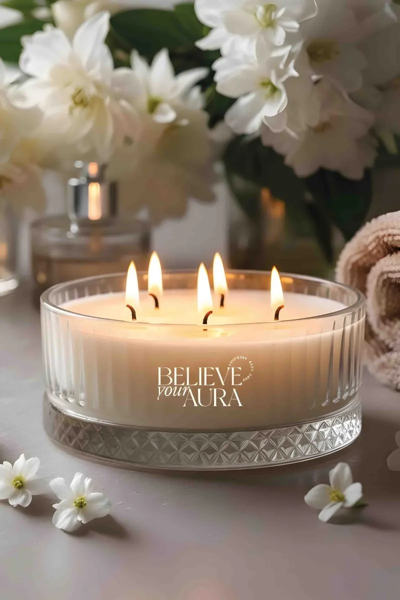 Believe Your Aura Gül Kokulu Kase Mum - %100 Doğal Soya Mumu Kristal Kase Aromaterapi Mum MBSKAS03910-GUL