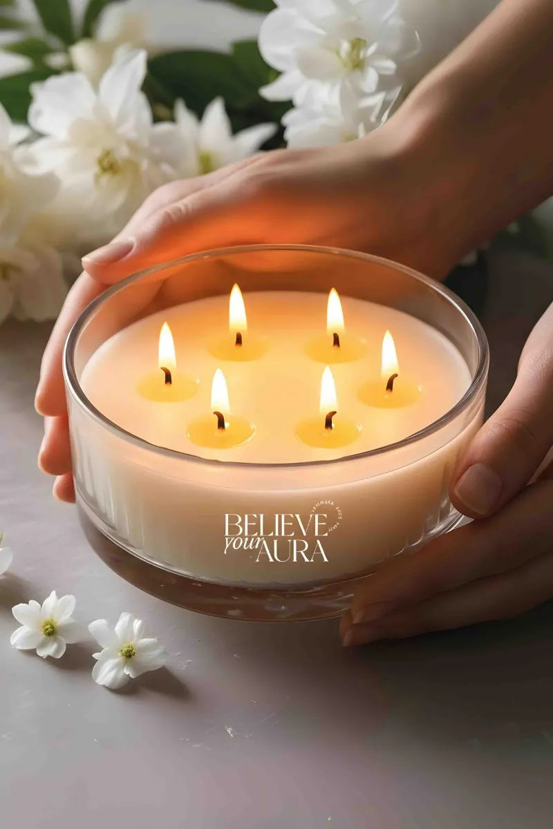 Believe Your Aura Gül Kokulu Kase Mum - %100 Doğal Soya Mumu Kristal Kase Aromaterapi Mum MBSKAS03910-GUL