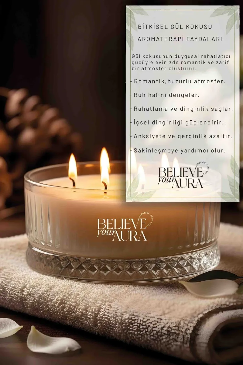 Believe Your Aura Gül Kokulu Kase Mum - %100 Doğal Soya Mumu Kristal Kase Aromaterapi Mum MBSKAS03910-GUL