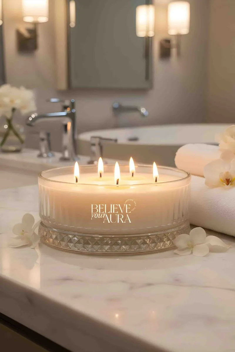 Believe Your Aura Gül Kokulu Kase Mum - %100 Doğal Soya Mumu Kristal Kase Aromaterapi Mum MBSKAS03910-GUL