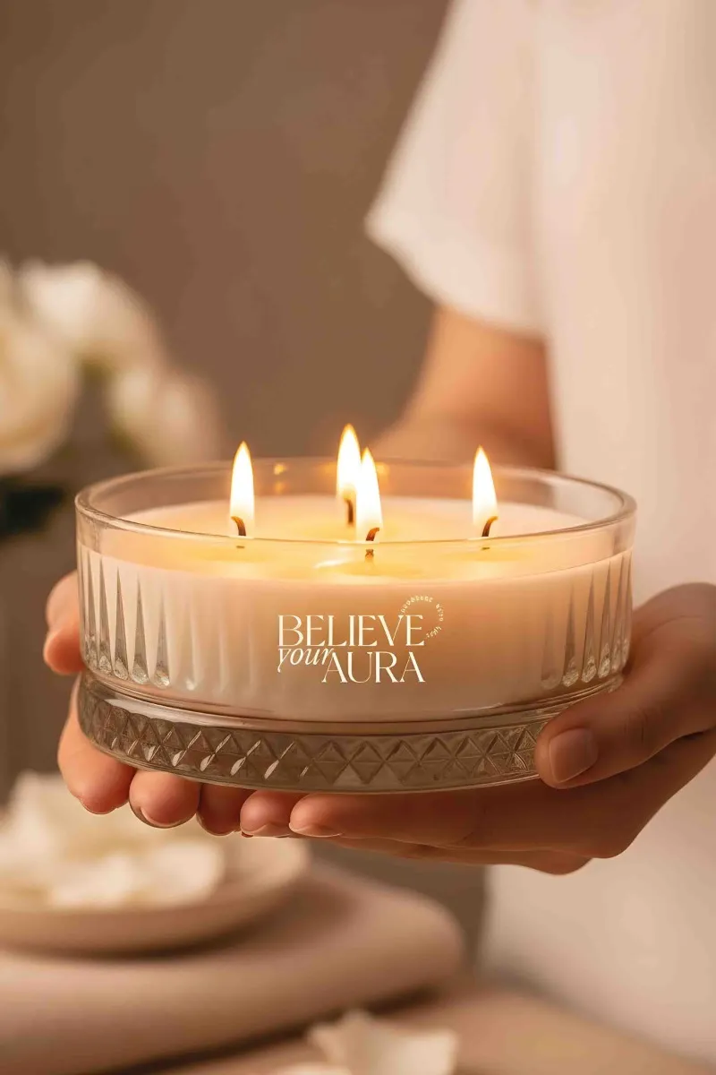 Believe Your Aura Pudra Kokulu Kase Mum - %100 Doğal Soya Mumu Kristal Kase Aromaterapi Mum MBSKAS03910-PDR