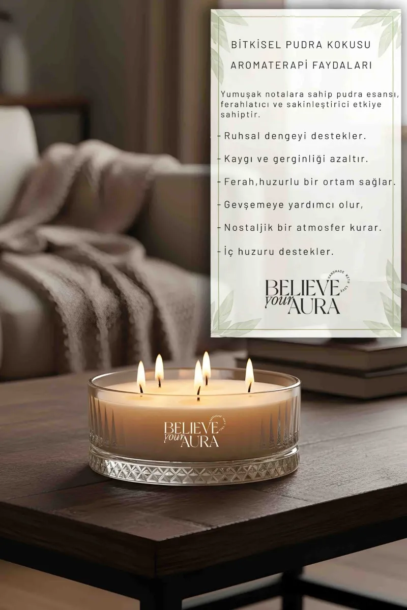 Believe Your Aura Pudra Kokulu Kase Mum - %100 Doğal Soya Mumu Kristal Kase Aromaterapi Mum MBSKAS03910-PDR