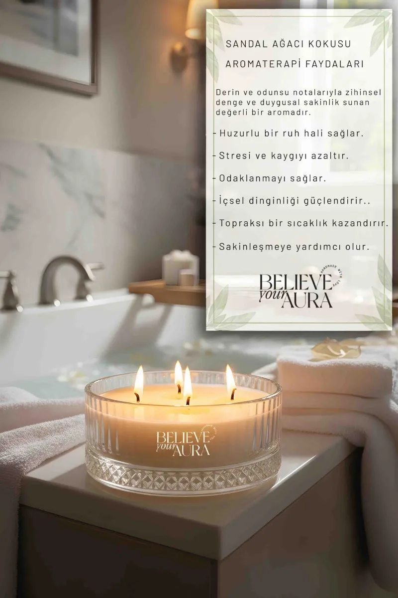 Believe Your Aura Sandal Ağacı Kokulu Mum - %100 Doğal Soya Mumu Kristal Kase Aromaterapi Mum MBSKAS03910-SND