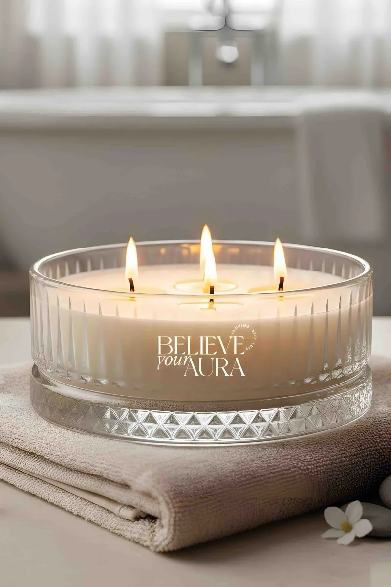 Believe Your Aura Vanilya Kokulu Kase Mum - %100 Doğal Soya Mumu Kristal Kase Aromaterapi Mum MBSKAS03910