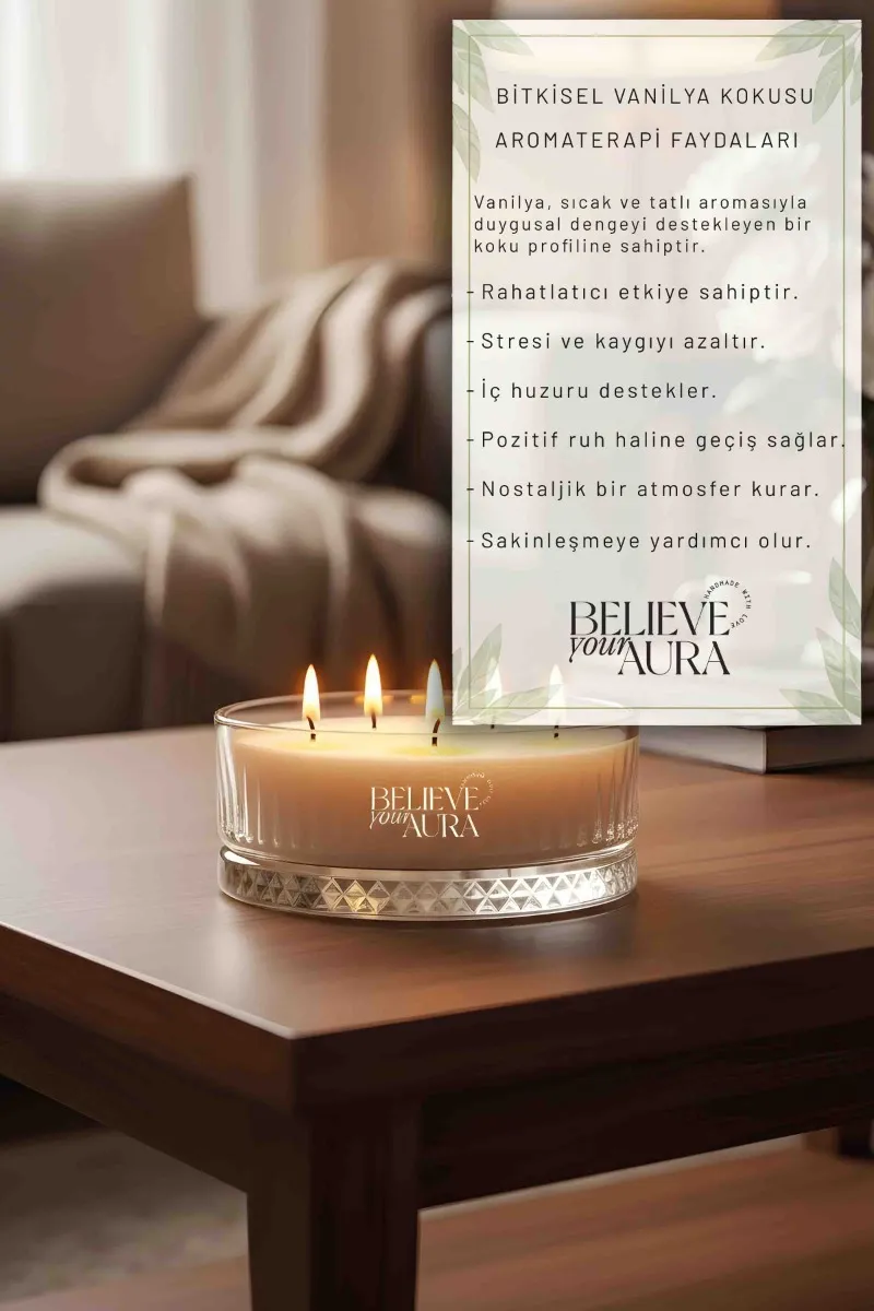 Believe Your Aura Vanilya Kokulu Kase Mum - %100 Doğal Soya Mumu Kristal Kase Aromaterapi Mum MBSKAS03910