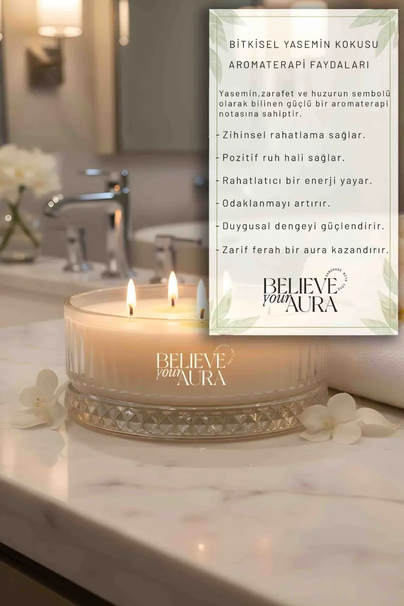 Believe Your Aura Yasemin Kokulu Kase Mum - %100 Doğal Soya Mumu Kristal Kase Aromaterapi Mum MBSKAS03910-YSM