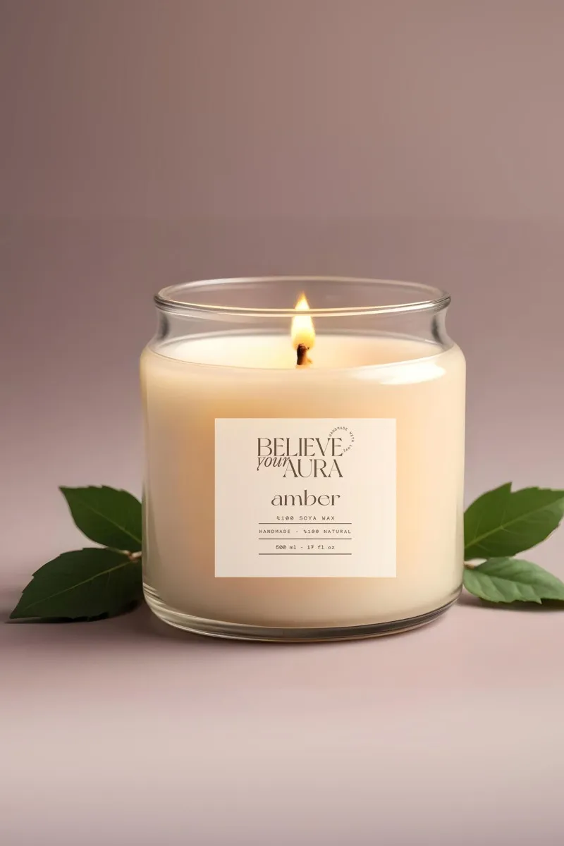Believe Your Aura Amber Kokulu Mum - %100 Doğal Soya Mumu Ahşap Kapaklı Aromaterapi Kavanoz Mum - MBSKAV04610-AMB