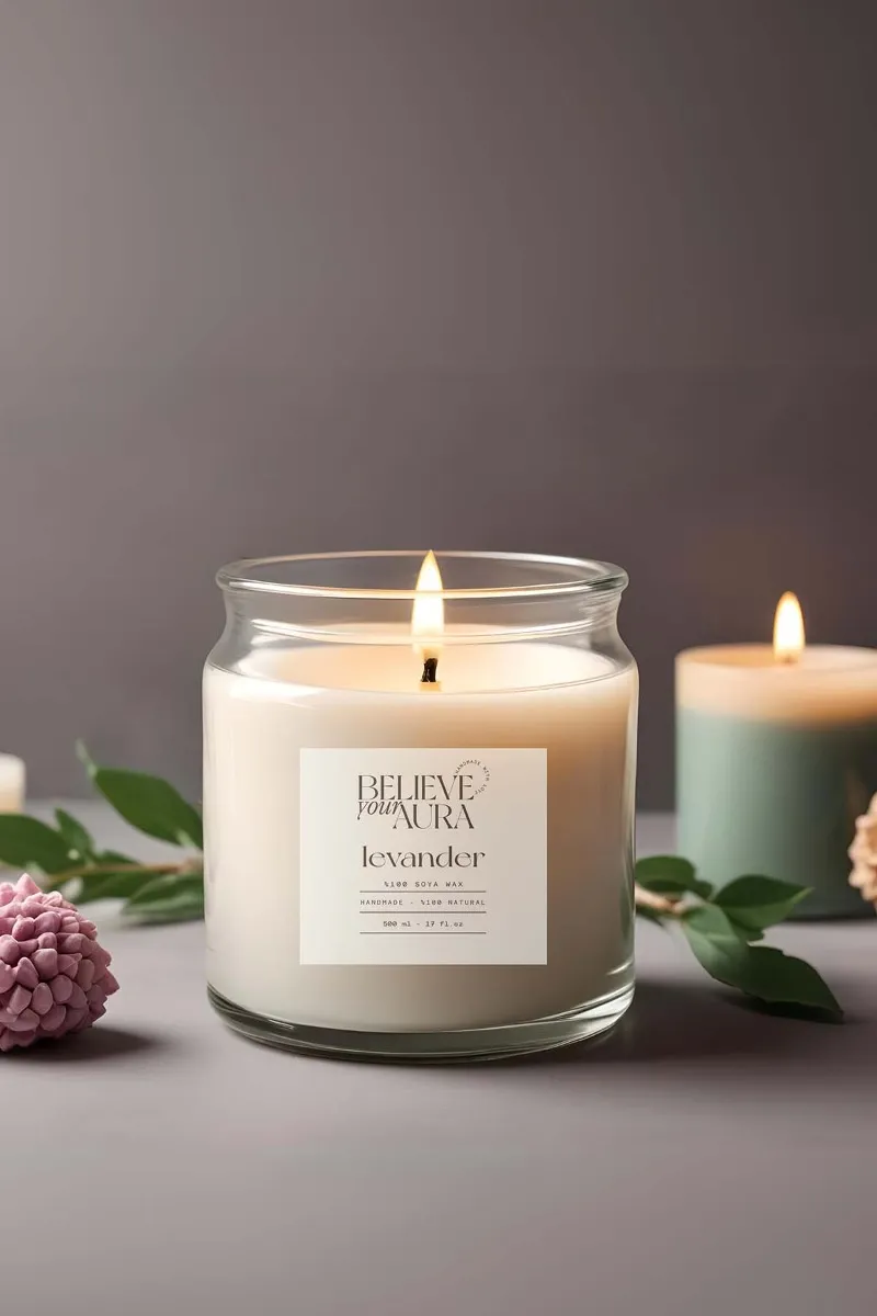 Believe Your Aura Lavanta Kokulu Mum - %100 Doğal Soya Mumu Ahşap Kapaklı Aromaterapi Kavanoz Mum -  MBSKAV04610-LVN