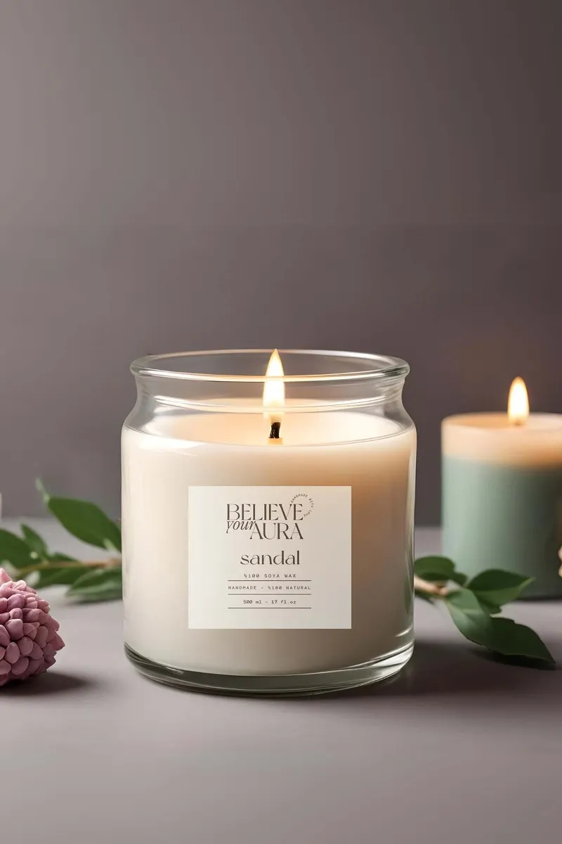 Believe Your Aura Sandal Ağacı Kokulu Mum - %100 Doğal Soya Mumu Ahşap Kapaklı Aromaterapi Kavanoz Mum - MBSKAV04610-SND