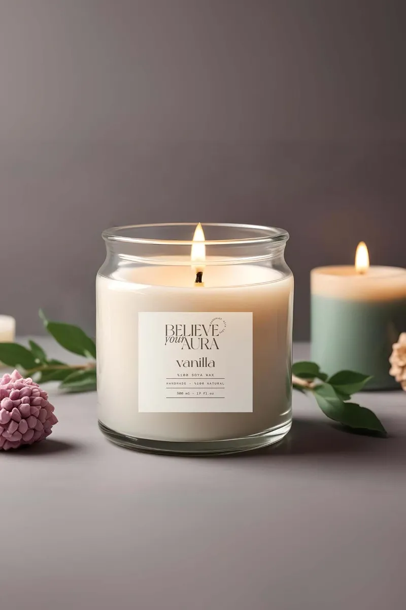 Believe Your Aura Vanilya Kokulu Mum - %100 Doğal Soya Mumu Ahşap Kapaklı Aromaterapi Kavanoz Mum - MBSKAV04610-VNL