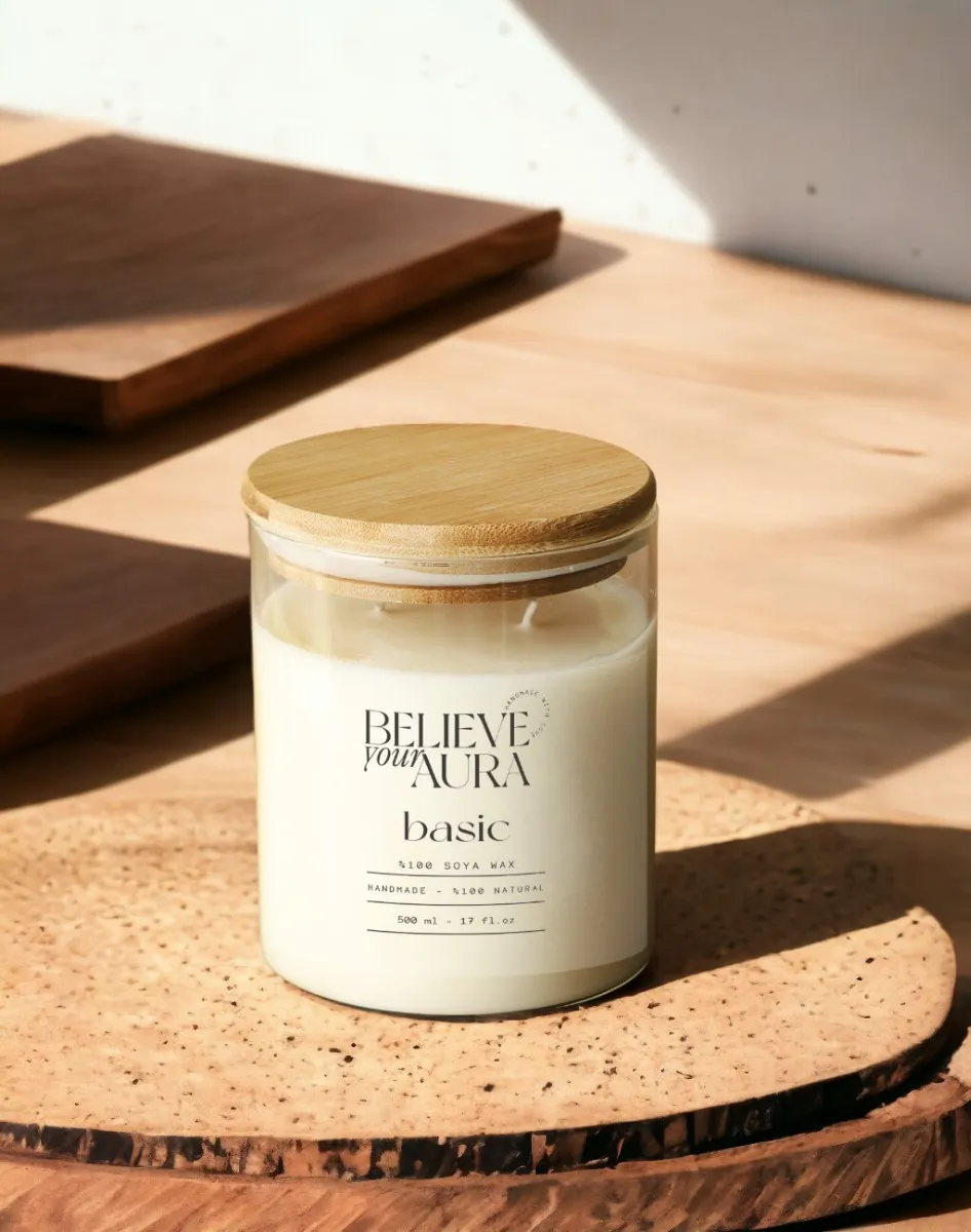 Believe Your Aura Kokusuz Natural Mum - %100 Doğal Soya Mumu Ahşap Kapaklı Kavanoz Mum - MBSBRD04910-SAF