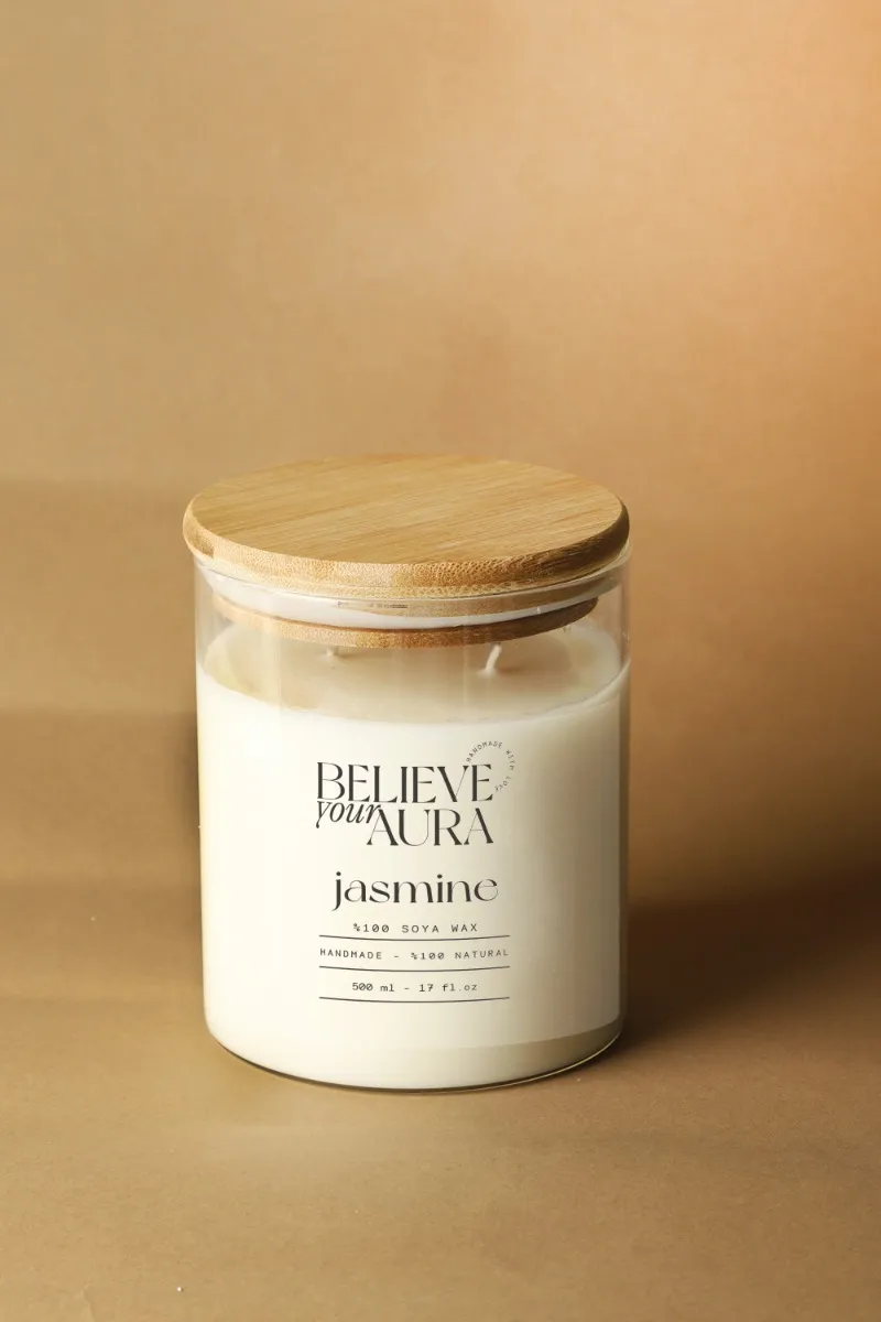Believe Your Aura Yasemin Kokulu Mum - %100 Doğal Soya Mumu Aromaterapi Kavanoz Mum - MBSBRD04910-YSM