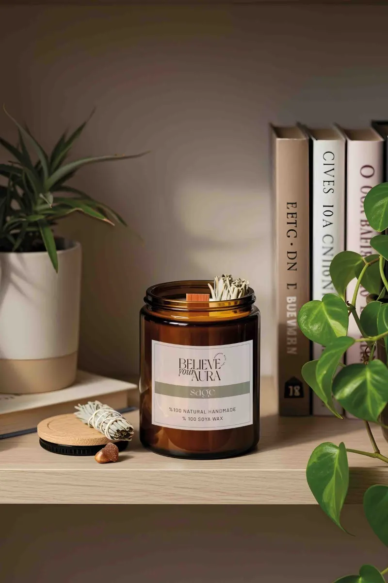 Adaçayı Dekorlu Adaçayı Kokulu Ahşap Fitilli Aromaterapi Kavanoz Mum MTNKAV08010-ADC