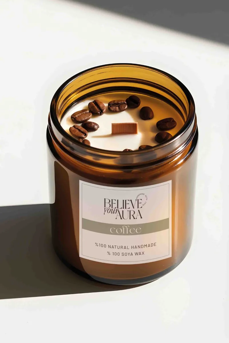 Believe Your Aura Kahve Dekorlu Kahve Kokulu Ahşap Fitilli Aromaterapi Kavanoz Mum MTNKAV08210-KHV