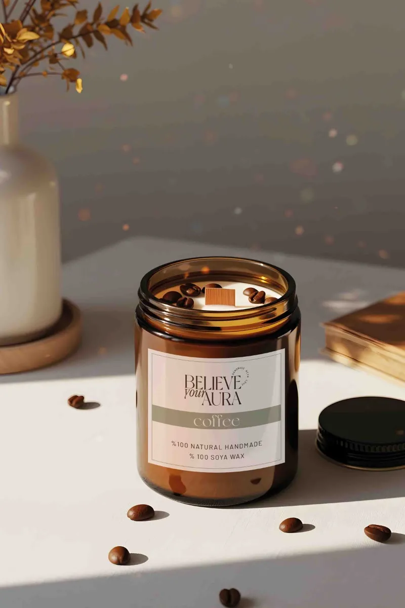 Believe Your Aura Kahve Dekorlu Kahve Kokulu Ahşap Fitilli Aromaterapi Kavanoz Mum MTNKAV08210-KHV
