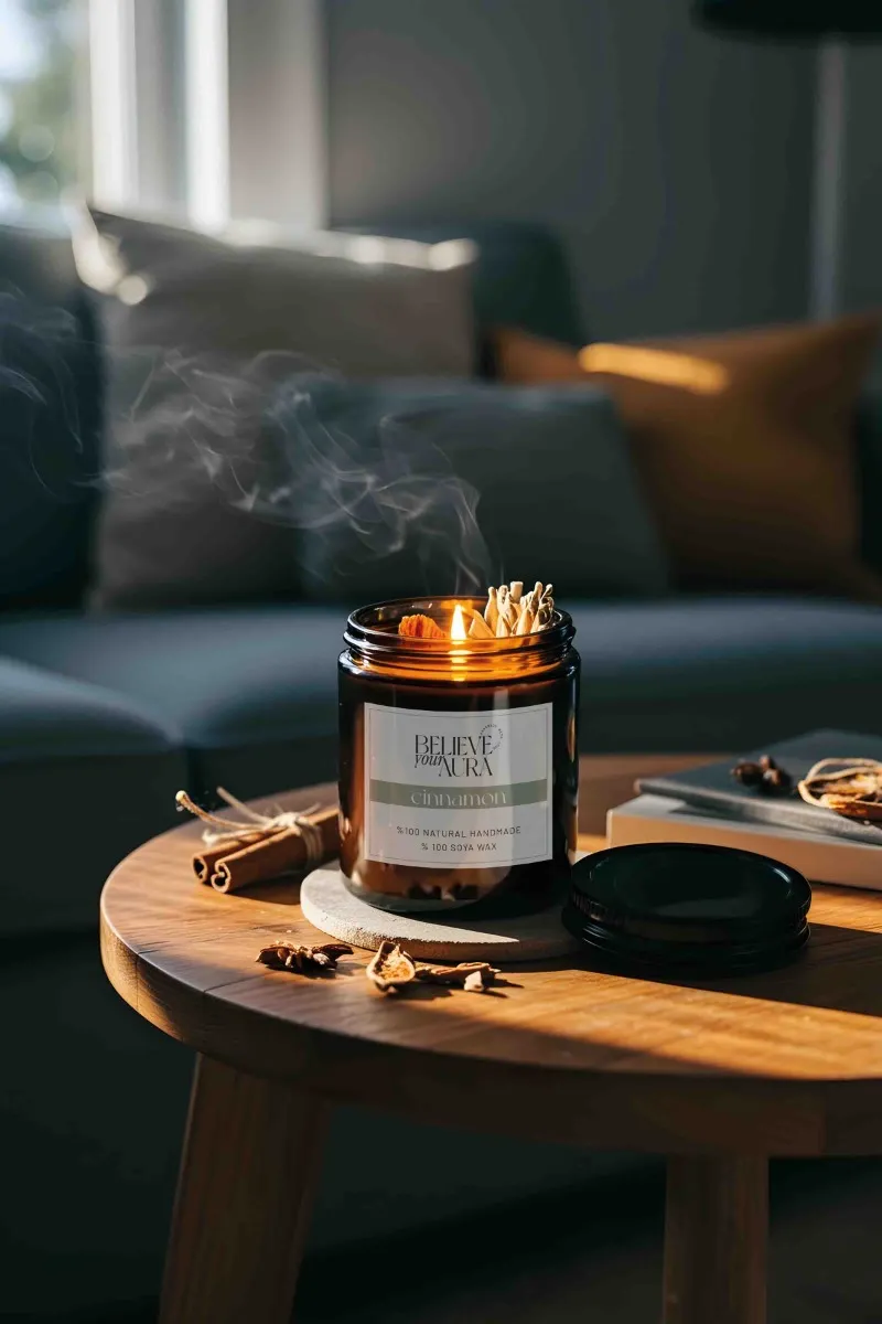 Believe Your Aura Adaçayı ve Tarçın Dekorl Tarçın Kokulu Ahşap Fitilli Aromaterapi Kavanoz Mum MTNKAV08310-TRC