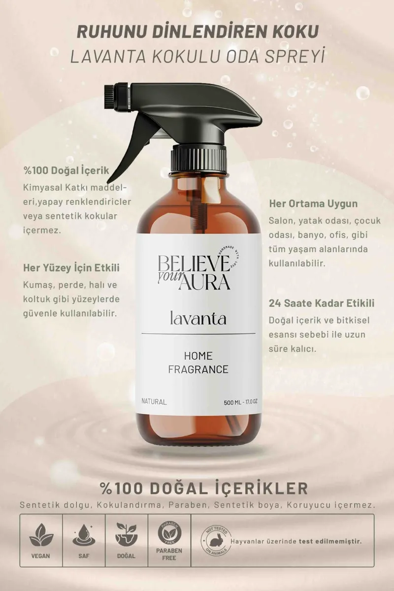 Believe Your Aura Bitkisel Lavanta Kokulu Doğal Oda Spreyi ODASLVN-607