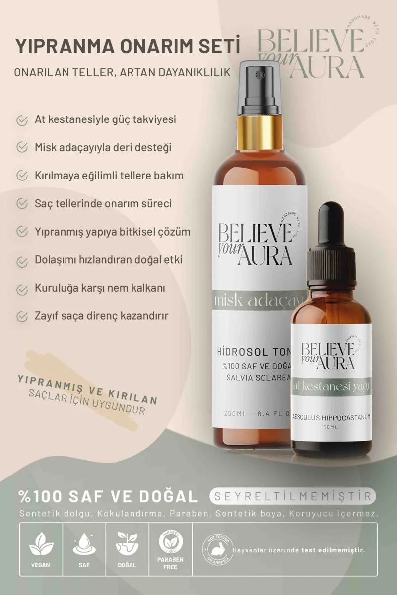 Believe Your Aura At Kestanesi Yağı ve Misk Adaçayı Hidrosolü Doğal Yenileyici Onarıcı Saç ve Cilt Bakım Seti SACATKMAD-2