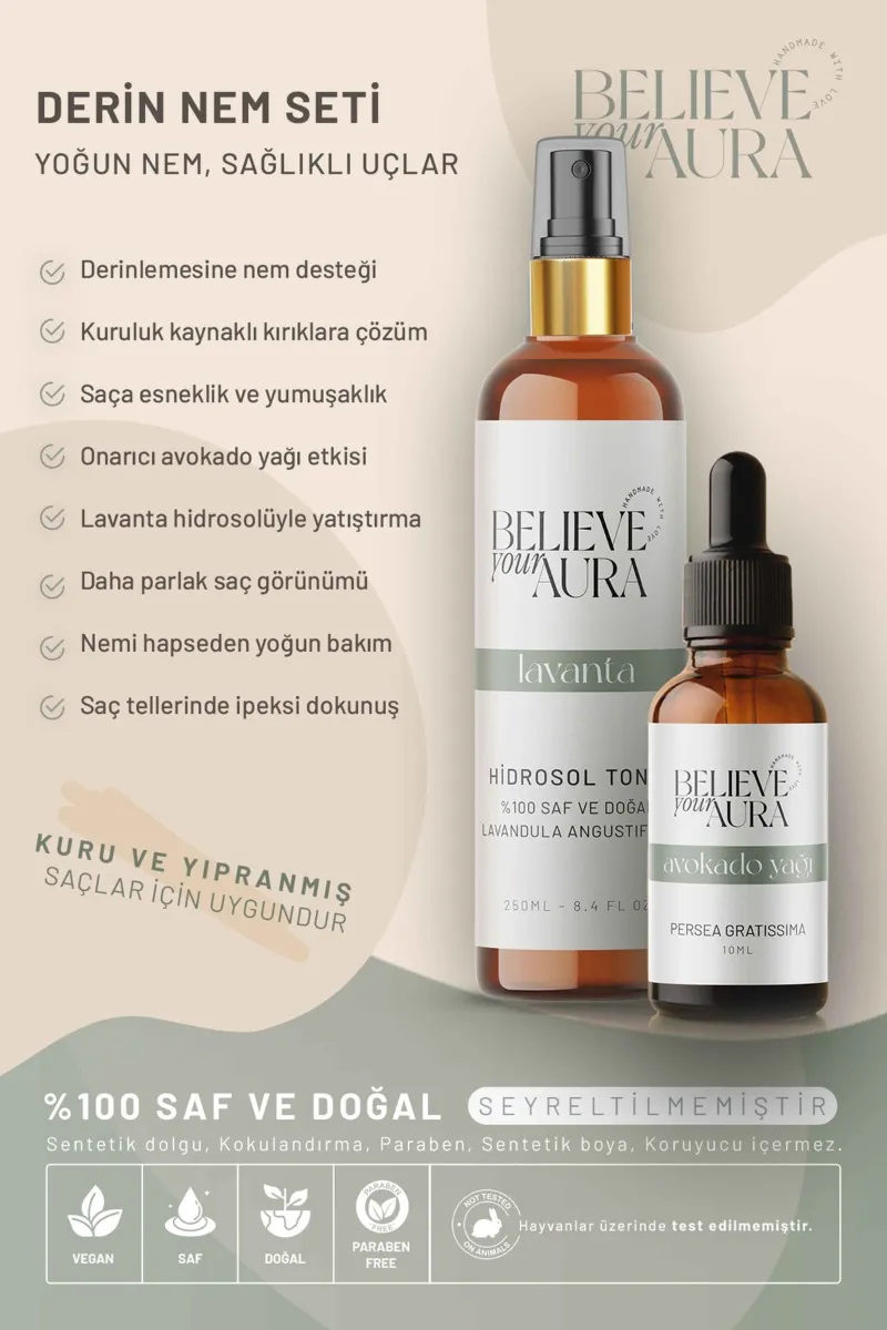 Believe Your Aura Avokado Yağı Lavanta Suyu Nemlendirici Besleyici Yatıştırıcı Doğal Saç ve Cilt Bakım Seti SACAVKLVN-2