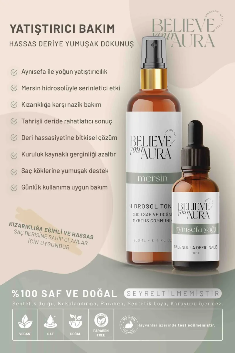 Believe Your Aura Aynısefa Yağı ve Mersin Hidrosolü Doğal Yatıştırıcı Onarıcı Saç ve Cilt Bakım Seti SACAYSMRS-2